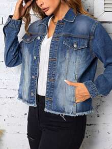 Women's Distressed Denim Cropped Jacket With Regular Long Sleeves And Button Details. - Dark Wash - View 3