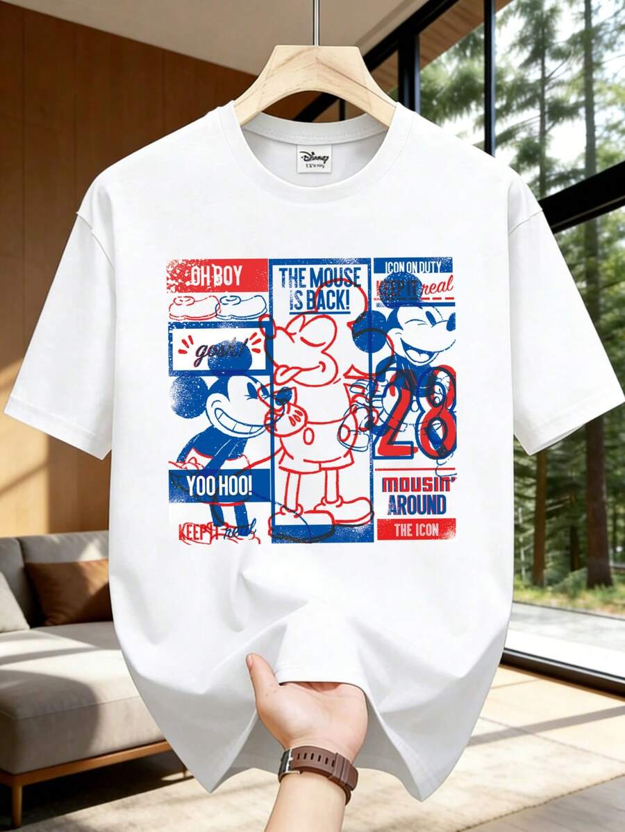 Camiseta de estilo retro y urbano, hecha de tela de alta calidad, impresa con el logotipo de Disney Mickey Mouse, camiseta de manga corta y cuello redondo para hombre - Blanco - Ver 1