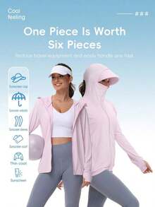 Chamarra de sol funcional premium para mujer  verano 2026 con protección UPF 50+ completa capucha integrada manga larga con puños con orificio para pulgar cierre de cremallera frontal tela de seda de hielo ligera transpirable color rosa claro look versátil para actividades al aire libre pesca playa camping y uso diario en días soleados de temporada cálida - Rosa Pálido - Ver 3