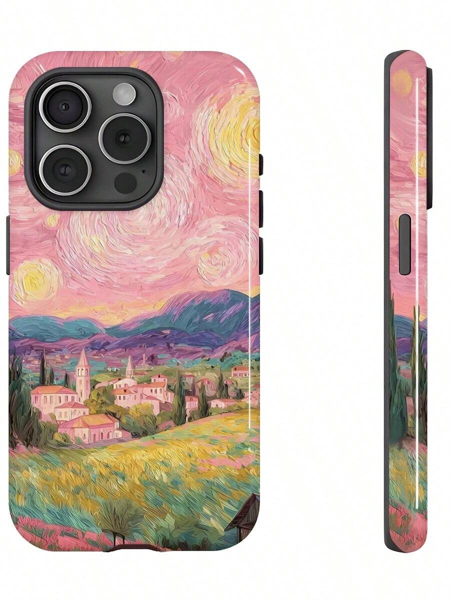Pink Van Gogh-Style Oil Painting Two-In-One Matte Texture Phone Case Suitable For Compatible With Iphone17,16, 15, 14, 13, 12, 11, PRO MAX,PLUS,Case Suitable For Compatible With Samsung Galaxy S21/22/23/24/25 Ultra/FE+,NOTE20 Ultra,A71/56/55/54/53/52/36/34/26/25/23/16/15/14/13/06 - 彩色 - 查看 1