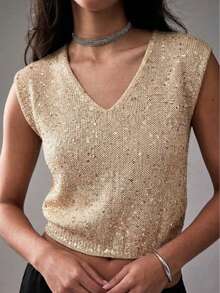 Women's Loose V-Neck Batwing Sleeve Short Casual Beaded Knit Vest Top, Versatile For Work, Date, Party, Shopping, Apricot, Spring/Summer - Apricot - View 1