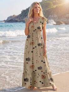 2026 New vestidos casual Vestido línea A con mangas de campana, recogido en la cintura y bajo con volantes, vestido maxi casual elegante de estampado de leopardo retro, adecuado para primave - Multicolor 7 - Ver 9