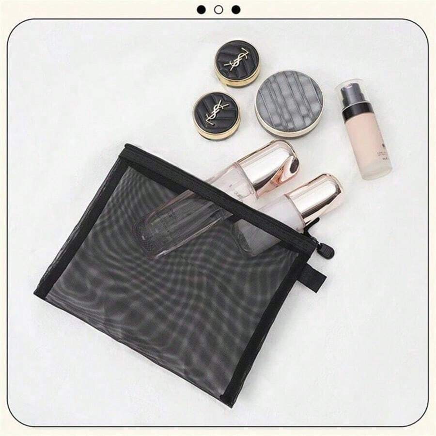1 Piece/Transparent Mesh Cosmetic Bag, Travel Portable Simple Large Capacity Storage Bag For Toiletries And Cosmetics, Student Stationery Zipper Bag, Document Organizer, Back-To-School Supplies, Pencil Case, Pencil Case - 黑色 - 查看 1