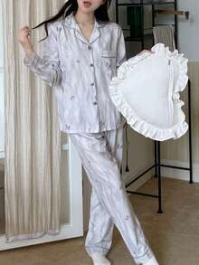 两件套女士蝴蝶印花翻领长袖家居服套装，浪漫开衫和睡衣 - 淺灰色 - 查看 6