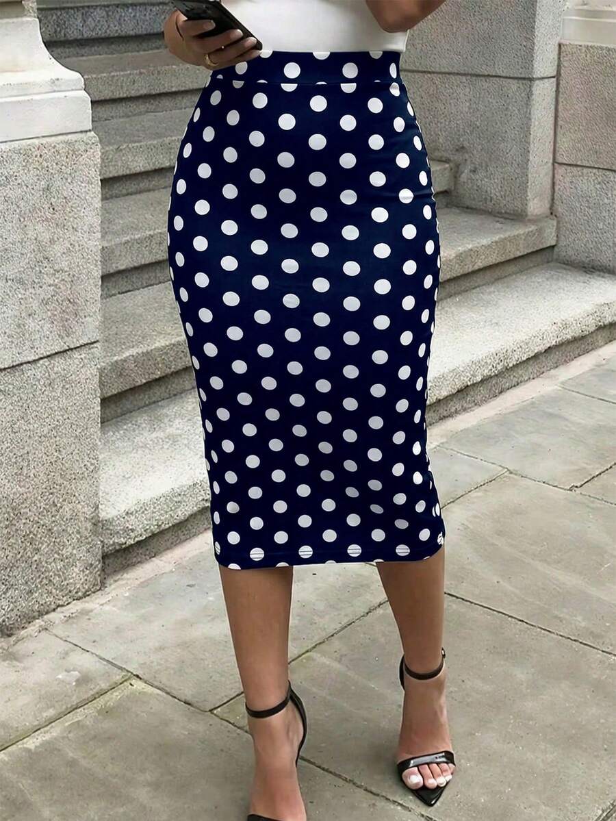 女款優雅圓點針織中長裙,中彈力貼身鉛筆裙,夏季圓點裙,女款通勤度假穿搭 - 藏蓝色 - 查看 1