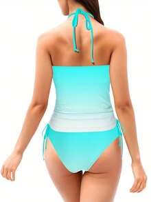 Women'S "I Can Buy Myself Flowers" Halter Neck Two-Piece Tankini Swimsuit - High-Stretch Geometric Print Beachwear With Adjustable Side Ties, Vibrant Pink & White Design For Pool, Vacation & Summer Outfits, Poolside Attire, Playful Swimwear, Comfortable Fit, Poolside Fashion,  Swimwear, Durable Swimwear, Stylish Swimwear, Fashion Lovers - Light Blue - 查看 6