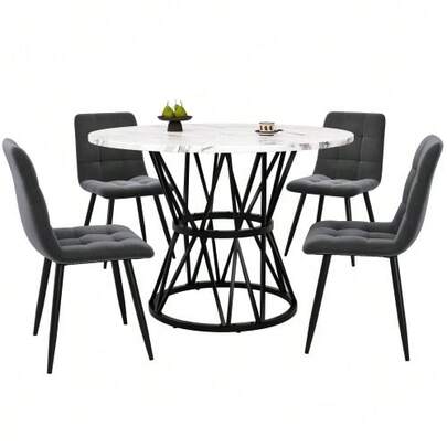 Dining Table Set (5 Pieces), Dining Table Set With 4 Chairs, Modern Kitchen Dining Table Set, 100cm Diameter Round Kitchen Table With Metal Legs, MDF Tabletop With Marble Effect, Grey Velvet Dining Chairs