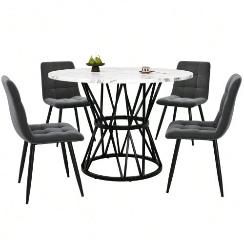 Dining Table Set (5 Pieces), Dining Table Set With 4 Chairs, Modern Kitchen Dining Table Set, 100cm Diameter Round Kitchen Table With Metal Legs, MDF Tabletop With Marble Effect, Grey Velvet Dining Chairs - Black - View 1