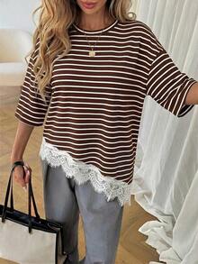 LUNE Camiseta casual de mujer con dobladillo asimétrico de encaje de unicolor, uso básico diario, blusa casual de primavera/verano para vacaciones de mujer, vacaciones de verano para mujer, primavera para mujer, vacaciones de primavera, top para ir a la playa - Marrón - Ver 3