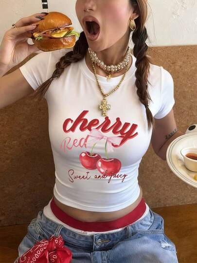 Dam-T-shirt med rund hals och kort ärm, sommarny rosett, körsbärsmönster och bokstavstryck, slim-fit crop top, lämplig för vardagsbruk