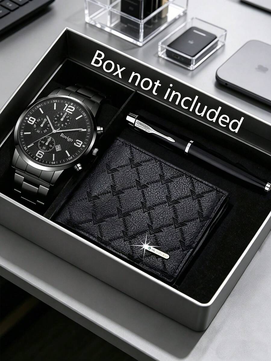 三件套男士奢华商务腕表套装,包括一枚黑色表盘不锈钢计时腕表、一个镶钻皮革钱包和一支商务圆珠笔。腕表采用全黑不锈钢表带、多功能三眼表盘和清晰的数字刻度,散发着成熟稳重的魅力。 - 黑色 - 查看 1