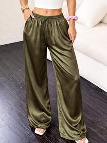 Quần ống rộng cạp cao màu xanh quân đội bằng vải satin, có dây rút, thích hợp mặc mùa hè cho nữ. - màu xanh lá - Xem 12