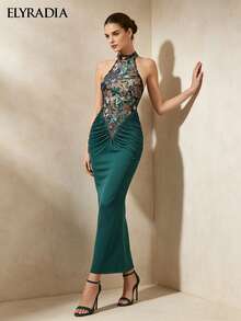 ELYRADIA Elegant Long Green Party Dress, Halter Neck Embroidered Spliced Ruched Slim Fit Wedding Guest Gown, Luxury Wedding Evening Dres - Green - View 7