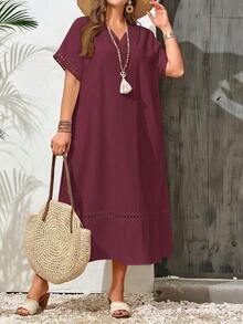 Vestido casual de verano de unicolor con cuello en V y manga corta para mujer de talla grande - Burdeos - Ver 6