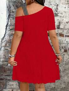 Linhara CURVE Vestido casual holgado de manga corta con textura calada y elástica, a rayas y parches, con lazo, de talla grande, elegante y de moda para el trabajo y el uso diario - Rojo - Ver 2