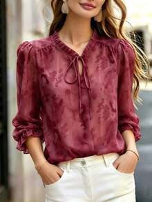 Camisa de mujer transparente con estampado floral y cuello alto, lazo delantero, mangas con volantes, blusa ligera estilo boho para vacaciones, casual, primavera verano otoño, ajuste regular - Amarillo claro - Ver 11
