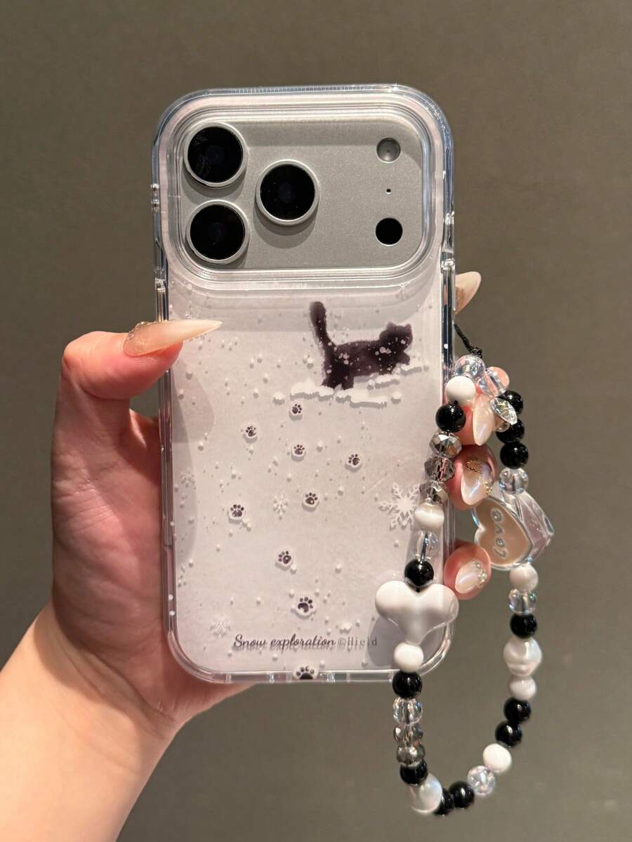 卡通可爱行走猫爪印雪花图案保护手机壳，兼容 17 Pro Max、17 Pro、16、15 Pro Max、17 Air、14 Plus、13、12 Pro、11，爱心串珠手链软边框保护套