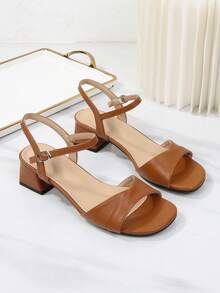 Wide Width Open Toe Ankle Strap Chunky Heel Sandals, Mid Heel French Style Sandals For Plus Size Women, Classic High Heel Versatile Sandals - Orange - View 6