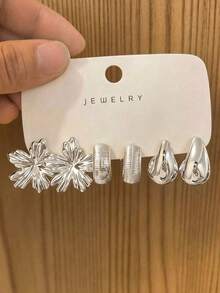 6-18件套女士时尚首饰耳环套装，简约优雅，适合日常佩戴 - 銀色 - 查看 7