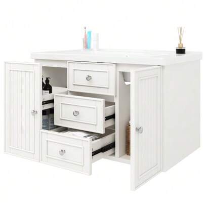 Bathroom Cabinet, Low Cabinet, Vanity Unit, Bathroom Cabinet With 3 Drawers, Ample Storage Space, Wall-Mounted Sink, Bathroom Cabinet With Sink, White, 78.5 * 46 * 46.8 Cm