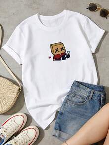 Women's Casual Summer T-Shirt, Round Neck, Short Sleeve, Cartoon Character Graphic Print, Ideal For Everyday Wear. White. - 白色 - 查看 2
