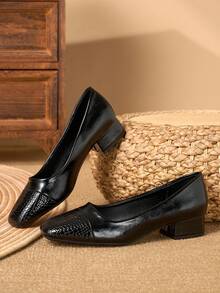 Women's Elegant Crocodile Embossed Toe Low Block Heel Slip-On Pumps, Versatile Office Work Shoes - Black - View 4