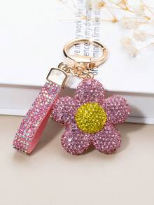 Cute Fully Rhinestoned Flower Keychain Pendant, Shiny Crystal Handbag Charm, Fashion Car Key Chain Wallet Accessory Gift - Flower - View 2
