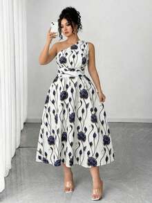 Vestido maxi de punto con estampado floral azul y blanco para mujer de talla grande, adecuado para volver al colegio, graduación, San Valentín, festival de música, Día de la Madre, Halloween, Acción de Gracias, Pascua, Baile de graduación, citas, temporada de bodas, viajes al aire libre - Azul marino - Ver 4
