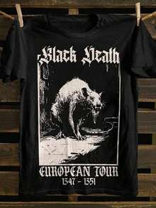 Manfinity Dauomo Black Plague T-Shirt, Medieval Rat Print T-Shirt, Gothic Grunge Clothing, Historical T-Shirt, Men's Horror Gothic Aesthetic T-Shirt - Black - View 1