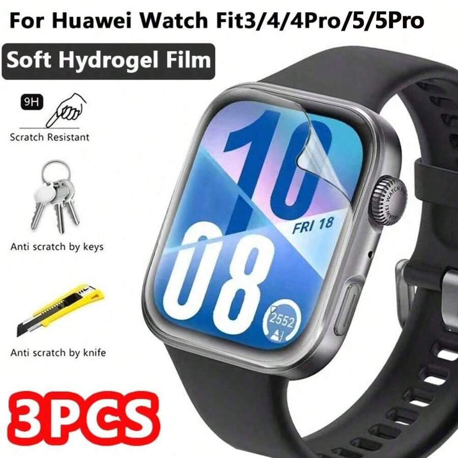 Hydrogel Screen Protector For Huawei Watch Fit 3/4/4Pro/5/5Pro, Soft Transparent Screen Protector, Non-Glass Material, Ultra-Thin Flexible TPU, Anti-Scratch, High Definition, Bubble-Free, Easy Installation, Full Coverage. - 3 PCS - View 1
