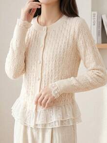 Spring New Faux Pearl Button Hollow Knit Cardigan, Fashion Lace Patchwork Hem Design, Sweet Elegant Long Sleeve Sweater Jacket - White - View 10