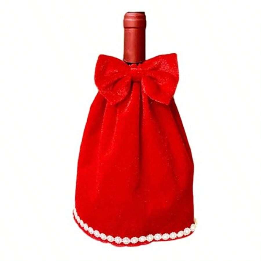 Valentine's Day Bottle Covers Decoration:  Wine Bottle Dress For Santa Theme Xmas New Year Dining Table Decor And Party Gift - -Màu đỏ- - Xem 1