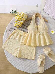 Left Mama Girls Cute Bow Halter Top And Shorts Set, Suitable For Beach Vacation In Summer - Yellow - View 2