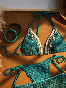Bộ bikini đi biển 3 mảnh dành cho nữ năm 2026, bikini buộc dây cổ hở lưng trang trí vỏ sò bằng ruy băng satin móc, váy đi nghỉ mát kiểu Bohemian có dây rút điều chỉnh được trang trí vỏ sò bằng ruy băng satin móc, thích hợp cho bãi biển, thư giãn, kỳ nghỉ và tiệc bể bơi mùa hè. - Xanh lam công - Xem 3