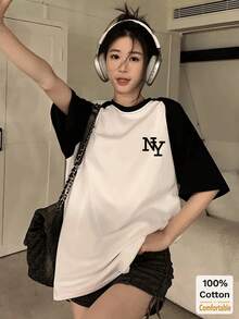 Women's Summer Letter Print Raglan Short Sleeve Mid-Length T-Shirt, Stylish And Fashionable Black And White Casual Top - Black and White - View 2