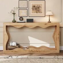 Console Table With Wavy Edges, 2-Tier Shelf, Long Wood-Look Table, Decorative Living Room Table, Entryway Shelf, Natural Edge Design, Side Table - 自然色 - 查看 7