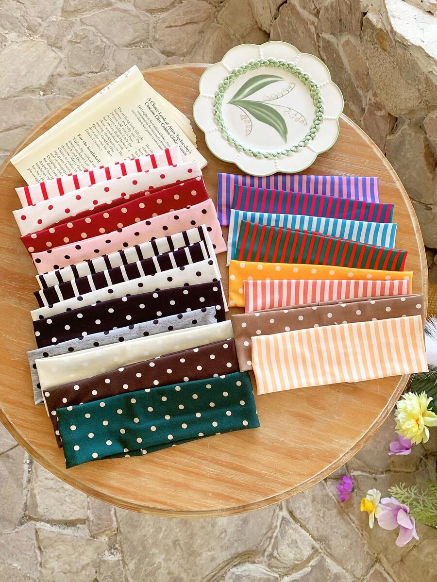 4pcs Korean Sweet Style Cute Polka Dot & Striped Print Wide Headband Set, High Elasticity Fashion Versatile Hairband - Multicolor - View 1