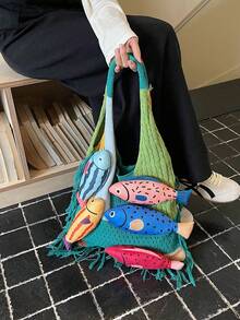 1pc Colorblock Fish Design Large Capacity Shoulder Tote Bag, Fashionable Crochet Bag, Bohemian Style Beach Vacation Daily Use For Women - Green - View 8