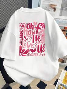 Top estivi - T-shirt a maniche corte con stampa frontale e posteriore - "Oh, quanto ci ama", con versetti della Bibbia - una scelta per la primavera e l'estate delle donne! T-shirt in cotone, top da donna. - Bianco - Visualizzare 3