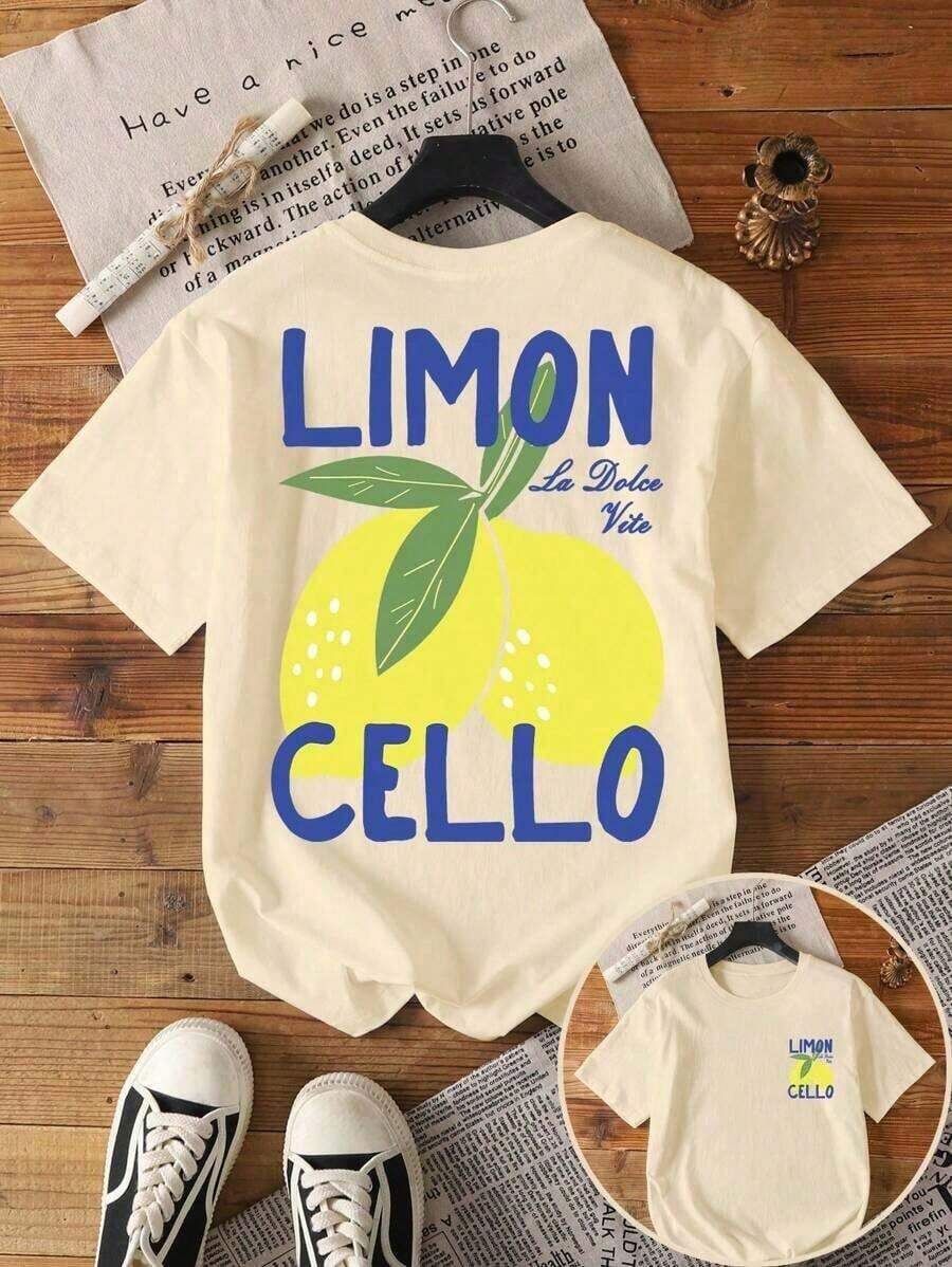 1psCamiseta de manga corta con cuello redondo y estampado de limón casual para mujeres , diseño minimalista, top de uso diario, suelto y cómodo2026 - Caqui - Ver 1