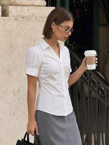 Camisa casual/de oficina de unicolor con cuello, manga corta y plisada, blanca para verano - Blanco - Ver 4