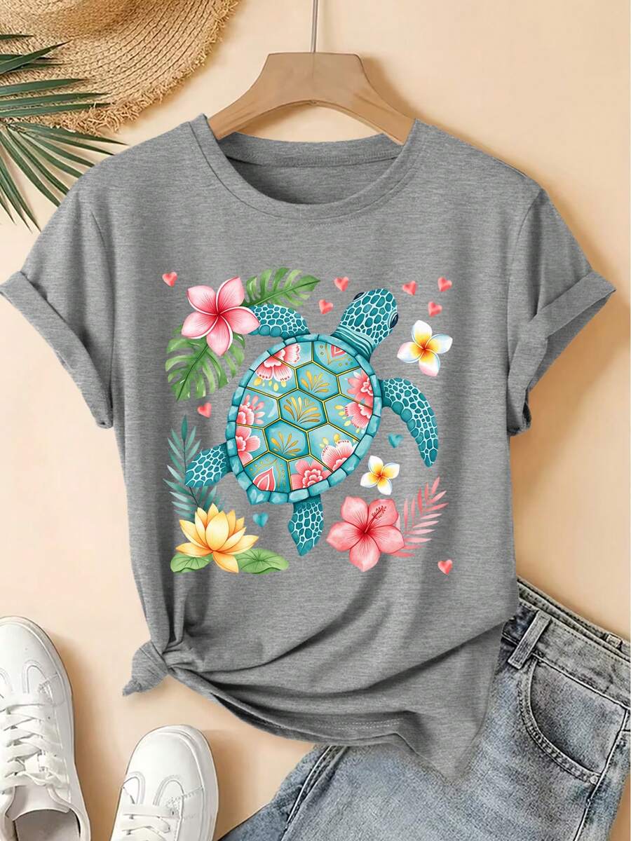 Short-Sleeved T-Shirt With Watercolor Floral Turtle Print, Retro Round Neck, Cool Mori Style, Loose Fit, Spring-Summer 2026, Elegant, Versatile, For Parties, Fashion, Versatile Clothing For Women. - 淺灰色 - 查看 1