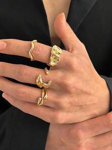 Set de 4 anillos geométricos minimalistas, de alta gama, versátiles, de estilo punk y hip-hop, ideales para el uso diario de los hombres, festivales y fiestas - Multicolor - Ver 2