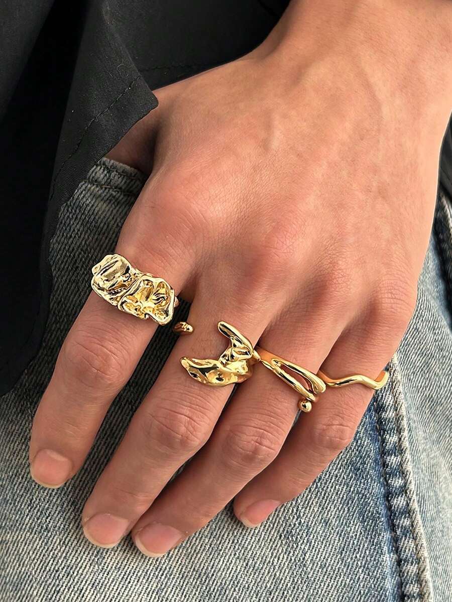 Set de 4 anillos geométricos minimalistas, de alta gama, versátiles, de estilo punk y hip-hop, ideales para el uso diario de los hombres, festivales y fiestas - Multicolor - Ver 1