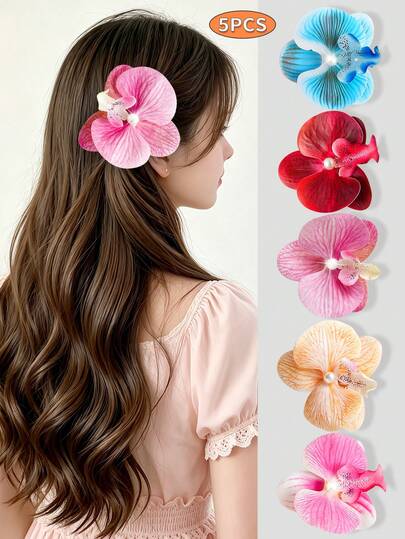 Bộ 5 kẹp tóc hình hoa lan ngọc trai cho bé gái, kẹp tóc hoa giả cài bên hông, phụ kiện tóc cho chụp ảnh.