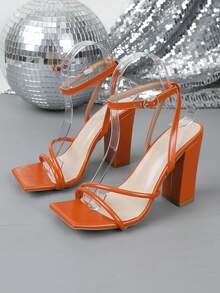 Women's Fashionable Sexy Square Toe Chunky Heel Sandals - Orange - View 2