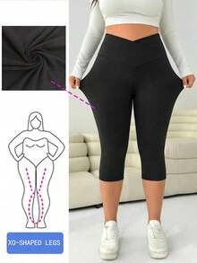 Plus Size Women Black Casual Minimalist Versatile Commute Solid Color Overlap High Waist Elastic Skinny Leggings,Fall Clothes For Women - 黑色 3 - 查看 13