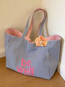 Large Capacity Double-Sided Usable Fabric Tote Bag, Multiple Floral Pendant Options, One Side With Blue & White Vertical Striped Texture For Refreshing Look, Other Side In Solid Pink For Clean & Gentle Vibe, Suitable For Students, Commuting, Daily Shopping, Short Trips & Vacations - Multicolor - View 11