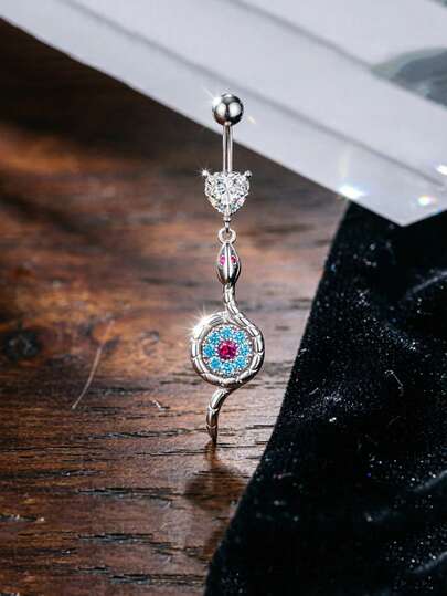 1 chiếc khuyên rốn hình rắn đính đá Cubic Zirconia lấp lánh, mặt dây chuyền hình rắn cuộn bằng thép không gỉ, thích hợp để đeo hàng ngày.