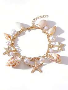 1pc Fashionable Summer Beach Style Seashell & Starfish Faux Pearl Design Versatile Anklet For Girls - Multicolor - View 3